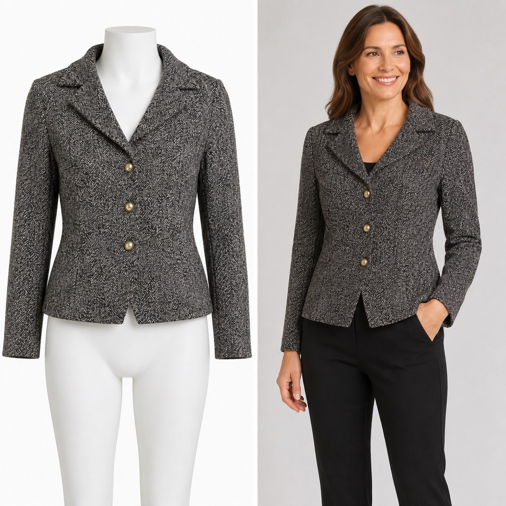 Etcetera Blazer Jacket Womens 2 Black White Herringbone 3-Button Professional